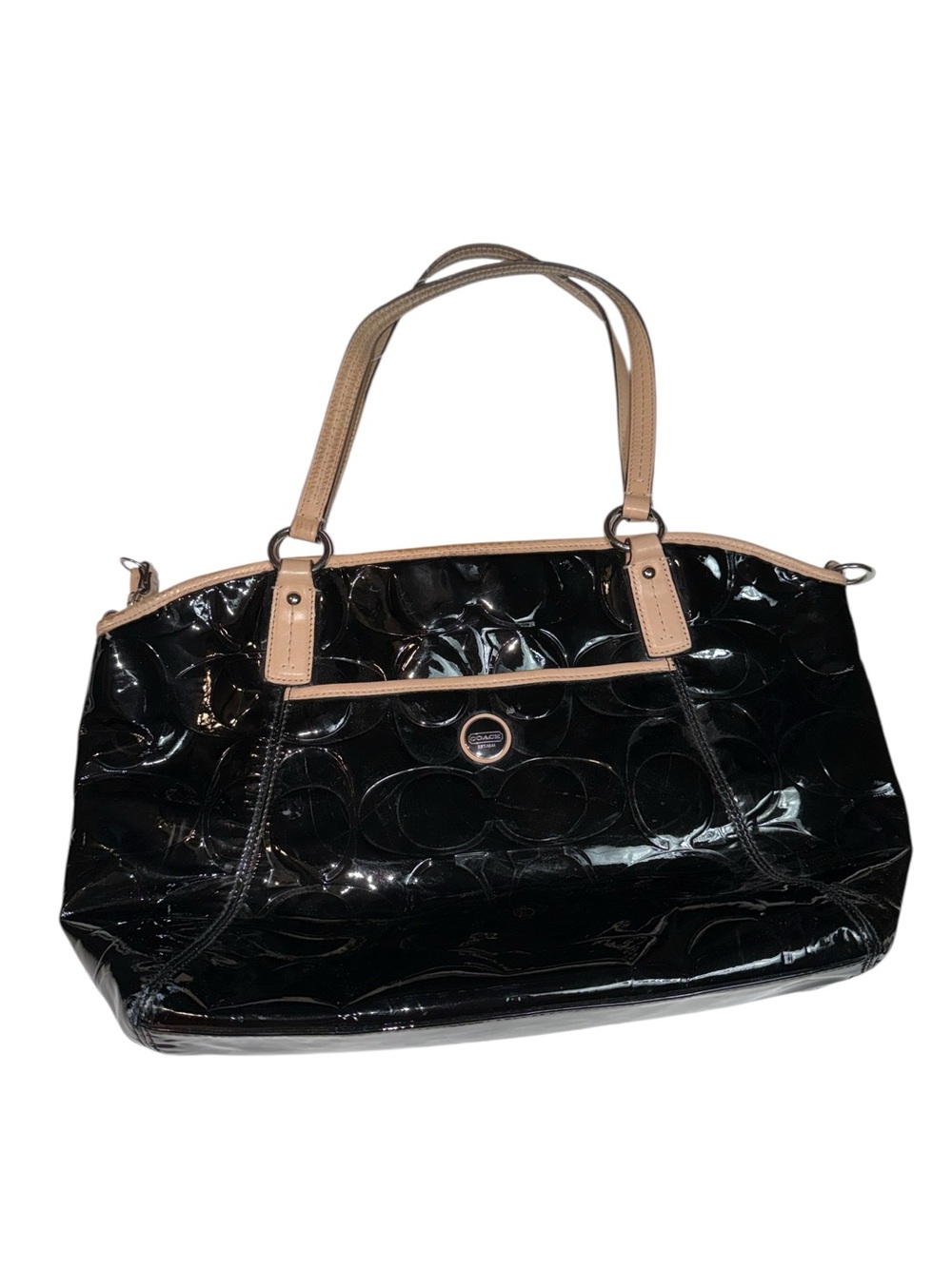 Coach Black Patent Signature C Tote Bag Tan Leather Trim